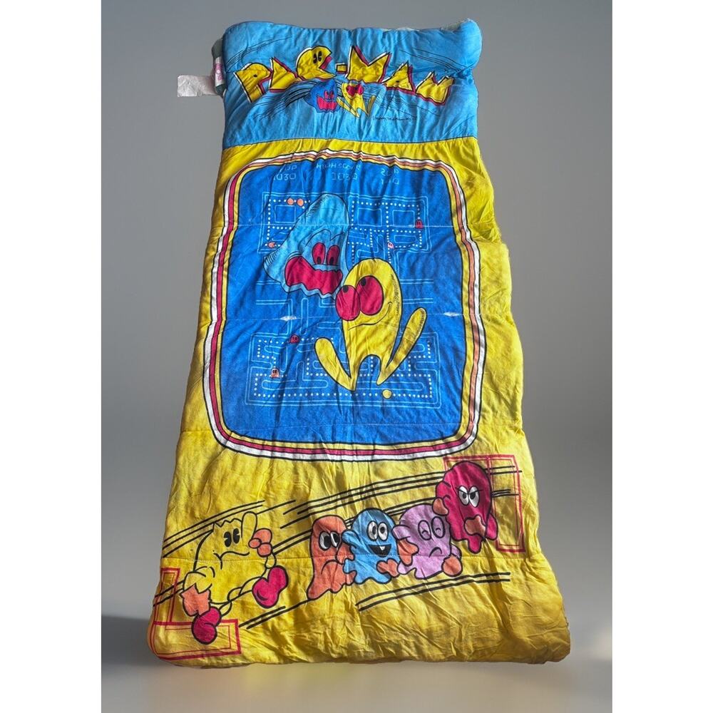 VTG 1980s Midway PAC-MAN Video Game Sleeping Bag Vibrant Colors Blue Lining NICE